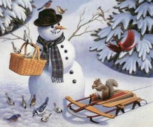 Puzzle Χιονάνθρωπος με ένα σκίουρο και πολλά πουλιά γύρω από
